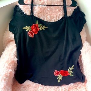 Breathless 2X off-shoulder black shirt with roses